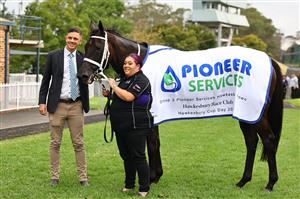 HAWKESBURY, AUSTRALIA - APRIL 22: VIPs and connections celebrate as Nash Rawiller riding Princess Grace wins Race 8 Pioneer Services Hawkesbury Crown during Hawkesbury Cup Day Sydney Racing at Hawkesbury Racecourse on April 22, 2023 in Hawkesbury, Australia. (Photo by Jeremy Ng/Getty Images)