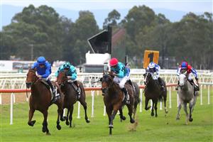 HAWKESBURY, AUSTRALIA - APRIL 22: Chad Schofield riding Zardozi wins Race 1 St Johns Park B.C Clarendon during Hawkesbury Cup Day Sydney Racing at Hawkesbury Racecourse on April 22, 2023 in Hawkesbury, Australia. (Photo by Jeremy Ng/Getty Images)