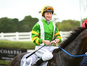 MORNINGTON, AUSTRALIA - APRIL 22: Linda Meech riding Outback Action after winning Race 5, the No Fuss Event Hire Handicap, during Melbourne Racing at Mornington Racecourse on April 22, 2023 in Mornington, Australia. (Photo by Vince Caligiuri/Getty Images)