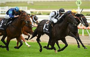 MORNINGTON, AUSTRALIA - APRIL 22: Luke Nolen riding Fasuto winning Race 3, the Ids Security Handicap, during Melbourne Racing at Mornington Racecourse on April 22, 2023 in Mornington, Australia. (Photo by Vince Caligiuri/Getty Images)