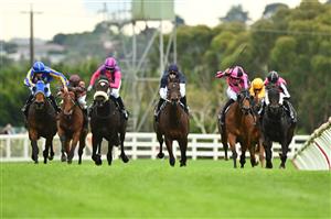 MORNINGTON, AUSTRALIA - APRIL 22: Fred Kersley riding Starring Role (2nd R)  defeats Celine Gaudray riding  Thought Provoking (ctr) in Race 2, the Asset Painting Services Handicap, during Melbourne Racing at Mornington Racecourse on April 22, 2023 in Mornington, Australia. (Photo by Vince Caligiuri/Getty Images)