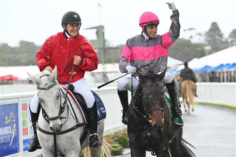 WARRNAMBOOL, AUSTRALIA - MAY 02: Aaron Kuru riding Britannicus after winning Race 6, the 3yb Fm Brierly Steeplechase, during Brierly Steeplechase day at Warrnambool Racing Club on May 02, 2023 in Warrnambool, Australia. (Photo by Vince Caligiuri/Getty Images)