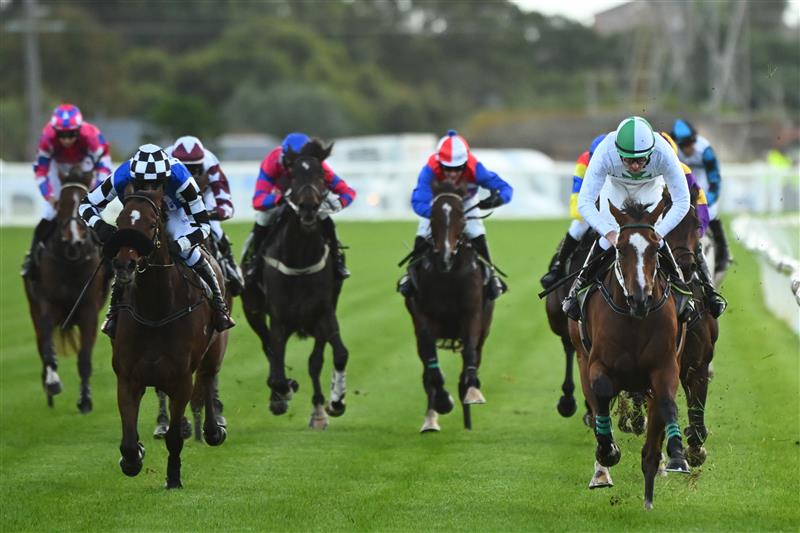 WARRNAMBOOL, AUSTRALIA - MAY 02:  Arron Lynch riding Pure Deal winning Race 1, the Unboolievable Maiden Hurdle, during Brierly Steeplechase day at Warrnambool Racing Club on May 02, 2023 in Warrnambool, Australia. (Photo by Vince Caligiuri/Getty Images)