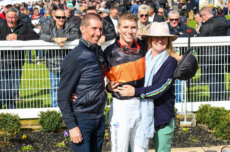 WARRNAMBOOL, AUSTRALIA - MAY 02: Campbell Rawiller poses with father Nash Rawiller and mother Sarah Rawiller after riding Teofilo Star to win in Race 2, the George Taylor Memorial Maiden Hurdle, during Brierly Steeplechase day at Warrnambool Racing Club on May 02, 2023 in Warrnambool, Australia. (Photo by Vince Caligiuri/Getty Images)