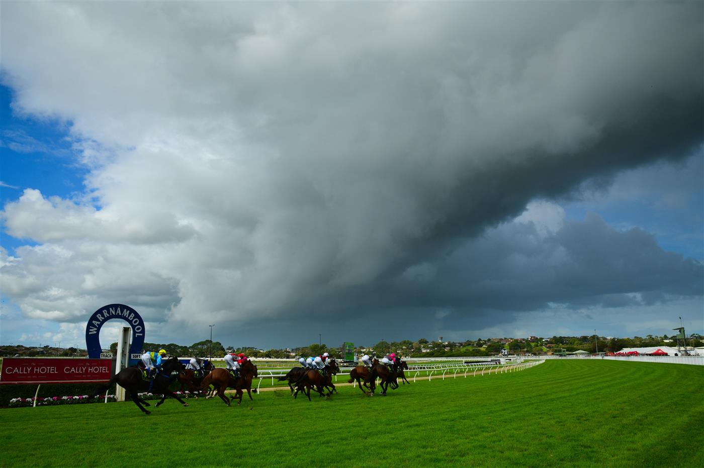 WARRNAMBOOL, AUSTRALIA - MAY 02: General view of rain clouds during Race 4, the Cally Hotel Maiden Plate, during Brierly Steeplechase day at Warrnambool Racing Club on May 02, 2023 in Warrnambool, Australia. (Photo by Vince Caligiuri/Getty Images)