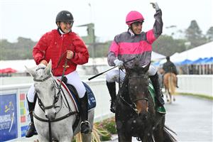 WARRNAMBOOL, AUSTRALIA - MAY 02: Aaron Kuru riding Britannicus after winning Race 6, the 3yb Fm Brierly Steeplechase, during Brierly Steeplechase day at Warrnambool Racing Club on May 02, 2023 in Warrnambool, Australia. (Photo by Vince Caligiuri/Getty Images)