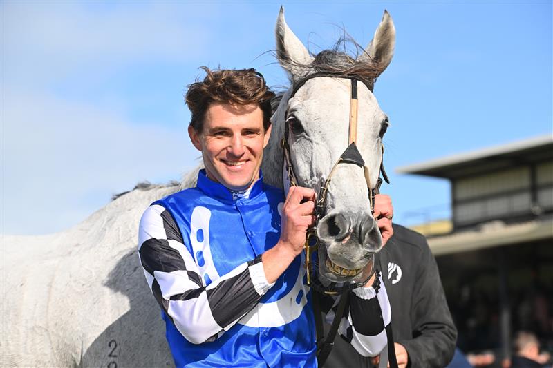 WARRNAMBOOL, AUSTRALIA - MAY 03: Steven Pateman poses after riding Saunter Boy to win Race 6, the Sovereign Resort Galleywood Hurdle, during Galleywood Hurdle Day on May 03, 2023 in Warrnambool, Australia. (Photo by Vince Caligiuri/Getty Images)
