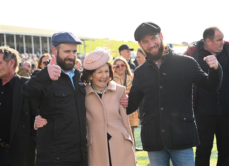 WARRNAMBOOL, AUSTRALIA - MAY 03: Declan Mayer and Ciaron Maher pose with mother Eileen Maher after Saunter Boy won Race 6, the Sovereign Resort Galleywood Hurdle, during Galleywood Hurdle Day on May 03, 2023 in Warrnambool, Australia. (Photo by Vince Caligiuri/Getty Images)