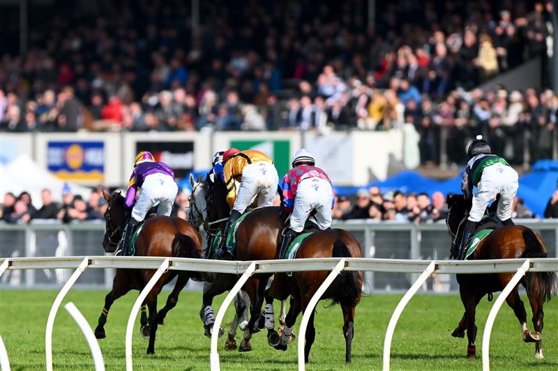 WARRNAMBOOL, AUSTRALIA - MAY 03: A general view horses and jockeys competing for position in the Sovereign Resort Galleywood Hurdle during Galleywood Hurdle day at Warrnambool Racing Club on May 03, 2023 in Warrnambool, Australia. (Photo by Morgan Hancock/Getty Images)