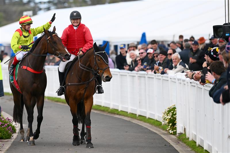 WARRNAMBOOL, AUSTRALIA - MAY 03: Dean Yendall celebrates after riding Outlaws Revenge to victory in The Midfield Group Wangoom Handicap during Galleywood Hurdle day at Warrnambool Racing Club on May 03, 2023 in Warrnambool, Australia. (Photo by Morgan Hancock/Getty Images)