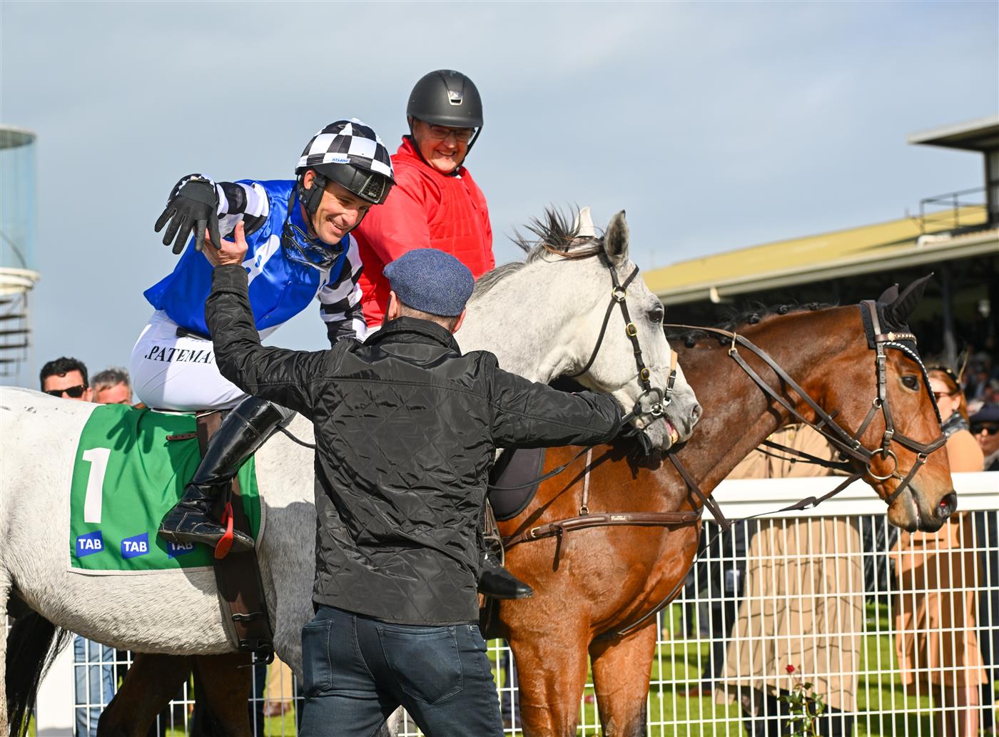WARRNAMBOOL, AUSTRALIA - MAY 03: Steven Pateman riding Saunter Boy after winning Race 6, the Sovereign Resort Galleywood Hurdle, during Galleywood Hurdle Day on May 03, 2023 in Warrnambool, Australia. (Photo by Vince Caligiuri/Getty Images)
