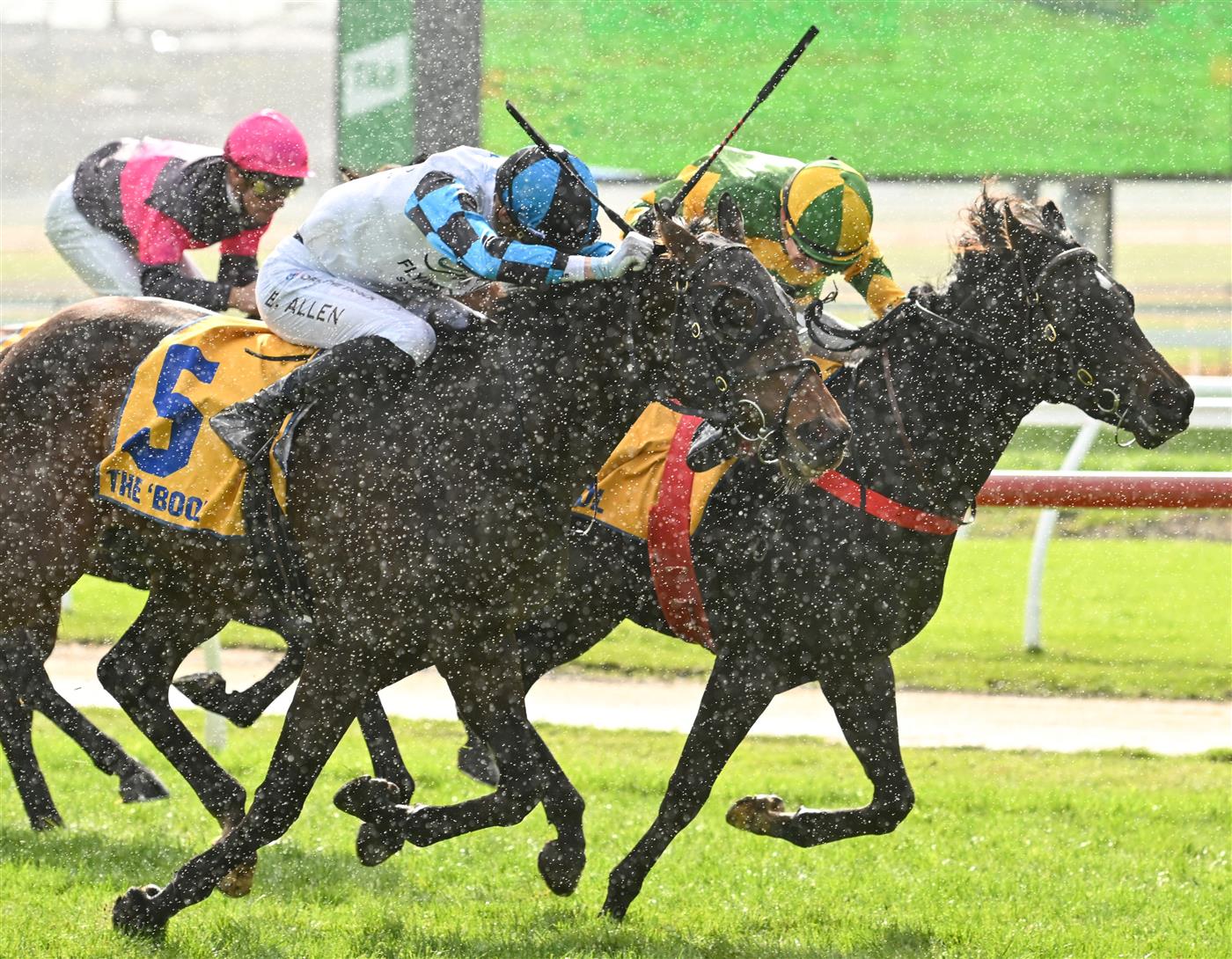 WARRNAMBOOL, AUSTRALIA - MAY 03: Ben Allen riding Scentify (L) winning Race 1, the Warrnambool City Volkswagen 2yo Open,  during Galleywood Hurdle Day on May 03, 2023 in Warrnambool, Australia. (Photo by Vince Caligiuri/Getty Images)