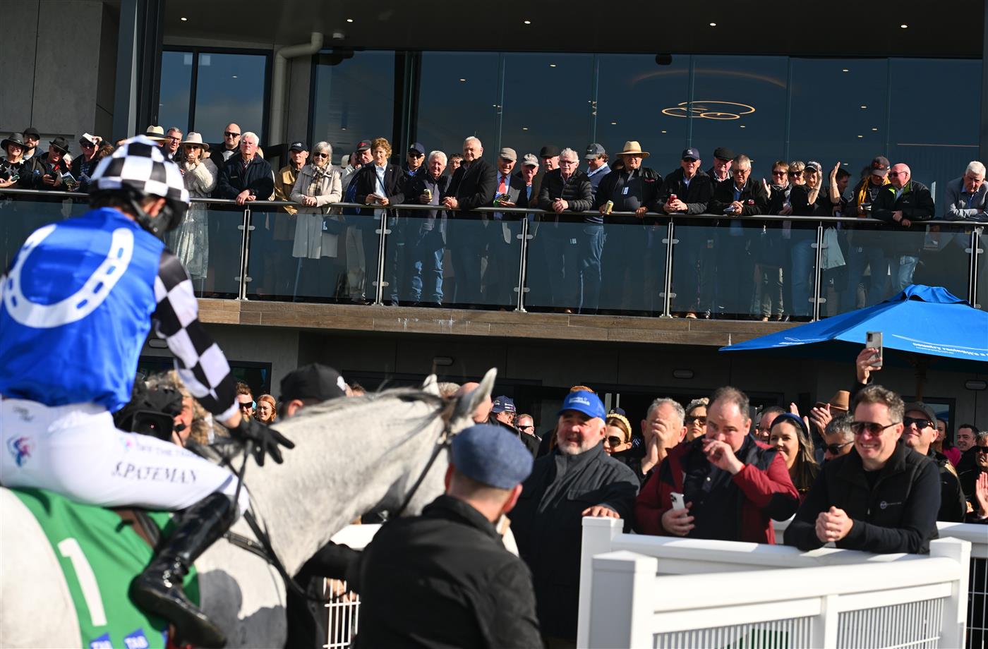 WARRNAMBOOL, AUSTRALIA - MAY 03: Steven Pateman riding Saunter Boy after winning Race 6, the Sovereign Resort Galleywood Hurdle, during Galleywood Hurdle Day on May 03, 2023 in Warrnambool, Australia. (Photo by Vince Caligiuri/Getty Images)