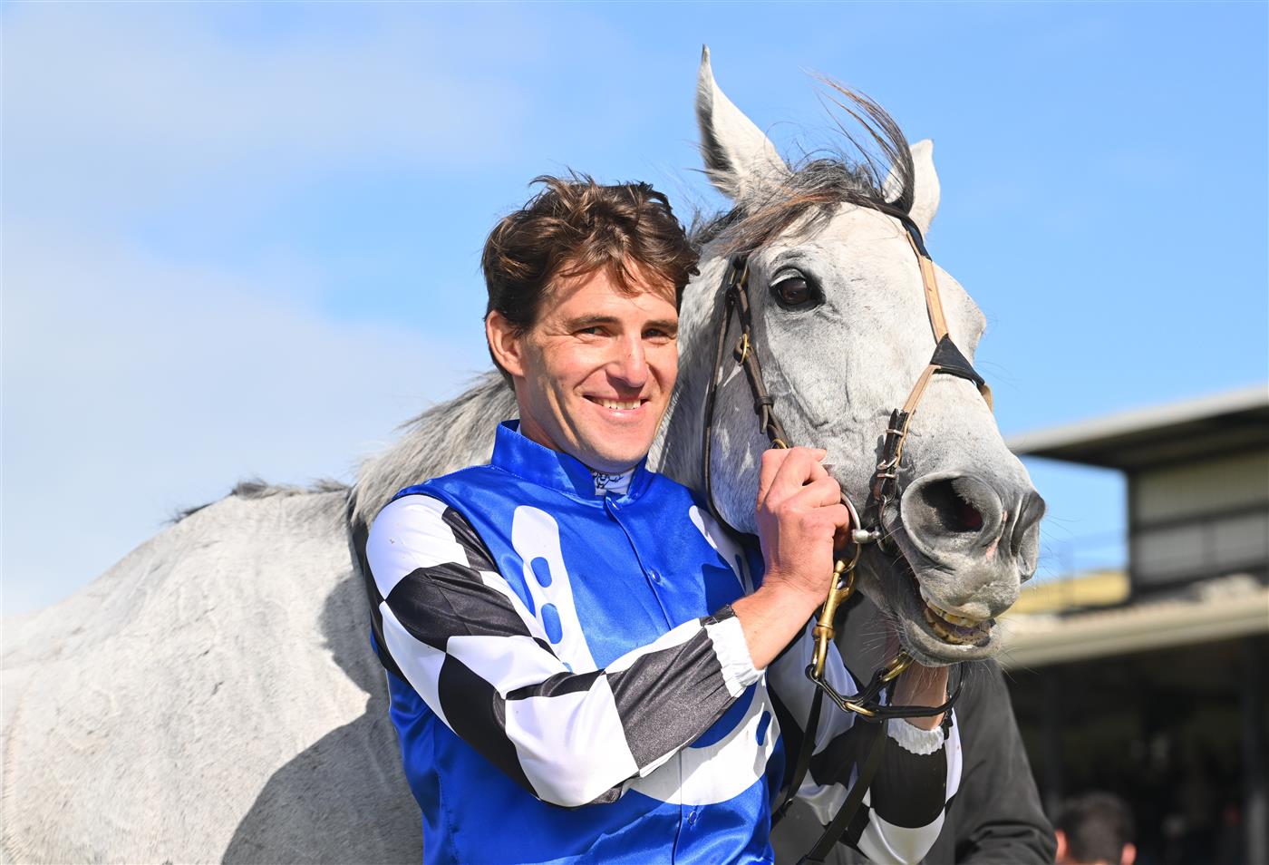 WARRNAMBOOL, AUSTRALIA - MAY 03: Steven Pateman poses after riding Saunter Boy to win Race 6, the Sovereign Resort Galleywood Hurdle, during Galleywood Hurdle Day on May 03, 2023 in Warrnambool, Australia. (Photo by Vince Caligiuri/Getty Images)