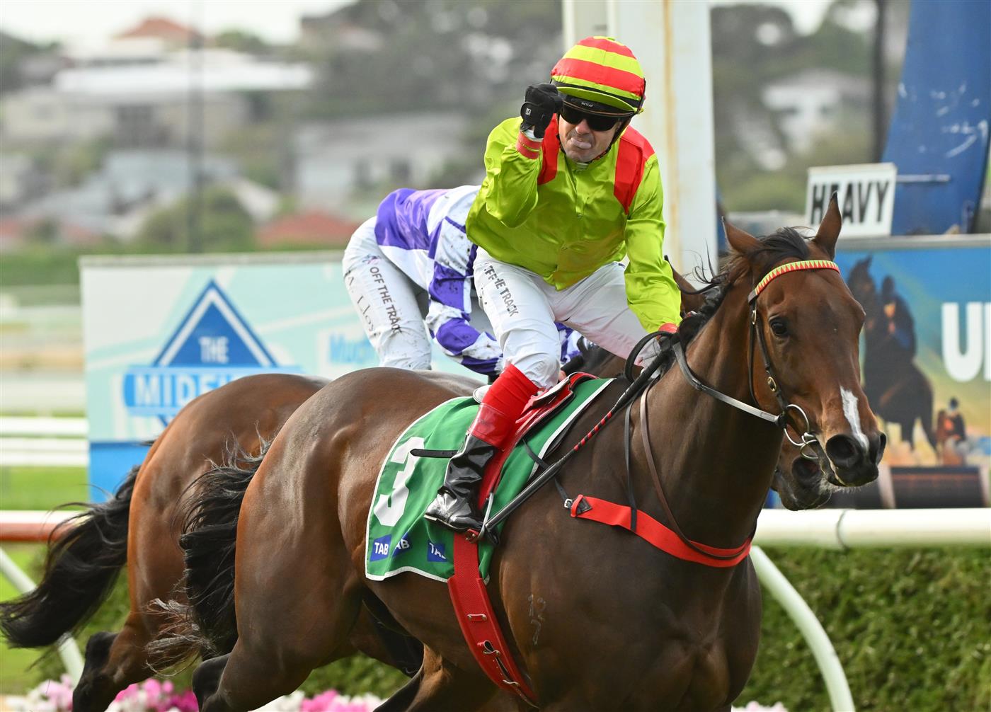 WARRNAMBOOL, AUSTRALIA - MAY 03: Dean Yendall riding Outlaws Revenge winning Race 8, the The Midfield Group Wangoom Handicap, during Galleywood Hurdle Day on May 03, 2023 in Warrnambool, Australia. (Photo by Vince Caligiuri/Getty Images)