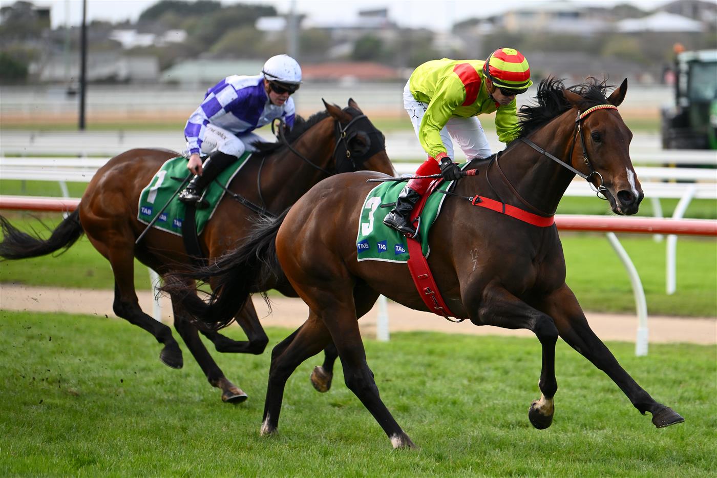 WARRNAMBOOL, AUSTRALIA - MAY 03: Dean Yendall rides Outlaws Revenge to victory in The Midfield Group Wangoom Handicap during Galleywood Hurdle day at Warrnambool Racing Club on May 03, 2023 in Warrnambool, Australia. (Photo by Morgan Hancock/Getty Images)