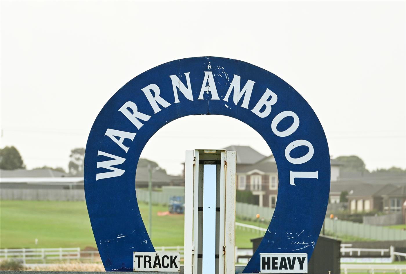 WARRNAMBOOL, AUSTRALIA - MAY 03: General view of finishing post during Galleywood Hurdle Day on May 03, 2023 in Warrnambool, Australia. (Photo by Vince Caligiuri/Getty Images)