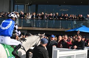 WARRNAMBOOL, AUSTRALIA - MAY 03: Steven Pateman riding Saunter Boy after winning Race 6, the Sovereign Resort Galleywood Hurdle, during Galleywood Hurdle Day on May 03, 2023 in Warrnambool, Australia. (Photo by Vince Caligiuri/Getty Images)