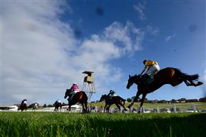 WARRNAMBOOL, AUSTRALIA - MAY 03: A general view of mud being flicked up from horses after they jumped over a hurdle in the Sovereign Resort Galleywood Hurdle during Galleywood Hurdle day at Warrnambool Racing Club on May 03, 2023 in Warrnambool, Australia. (Photo by Morgan Hancock/Getty Images)