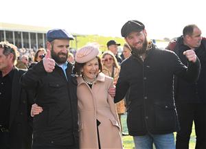 WARRNAMBOOL, AUSTRALIA - MAY 03: Declan Mayer and Ciaron Maher pose with mother Eileen Maher after Saunter Boy won Race 6, the Sovereign Resort Galleywood Hurdle, during Galleywood Hurdle Day on May 03, 2023 in Warrnambool, Australia. (Photo by Vince Caligiuri/Getty Images)