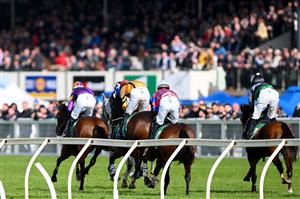 WARRNAMBOOL, AUSTRALIA - MAY 03: A general view horses and jockeys competing for position in the Sovereign Resort Galleywood Hurdle during Galleywood Hurdle day at Warrnambool Racing Club on May 03, 2023 in Warrnambool, Australia. (Photo by Morgan Hancock/Getty Images)