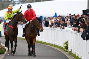 WARRNAMBOOL, AUSTRALIA - MAY 03: Dean Yendall celebrates after riding Outlaws Revenge to victory in The Midfield Group Wangoom Handicap during Galleywood Hurdle day at Warrnambool Racing Club on May 03, 2023 in Warrnambool, Australia. (Photo by Morgan Hancock/Getty Images)