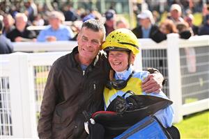 WARRNAMBOOL, AUSTRALIA - MAY 03: Kate Walters poses with trainer Mark Grieg after riding Delcoff to Race 5, the Warrnambool Greyhound Cup Tonight Maiden, during Galleywood Hurdle Day on May 03, 2023 in Warrnambool, Australia. (Photo by Vince Caligiuri/Getty Images)