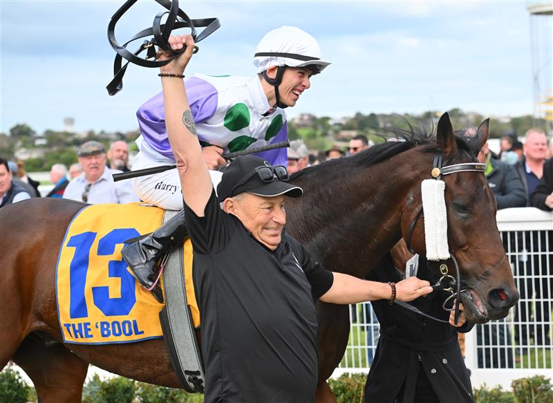 WARRNAMBOOL, AUSTRALIA - MAY 04: Harry Grace riding Rolls winning Race 9, the Sungold Milk Warrnambool Cup, during Grand Annual Day at Warrnambool Racing Club on May 04, 2023 in Warrnambool, Australia. (Photo by Vince Caligiuri/Getty Images)