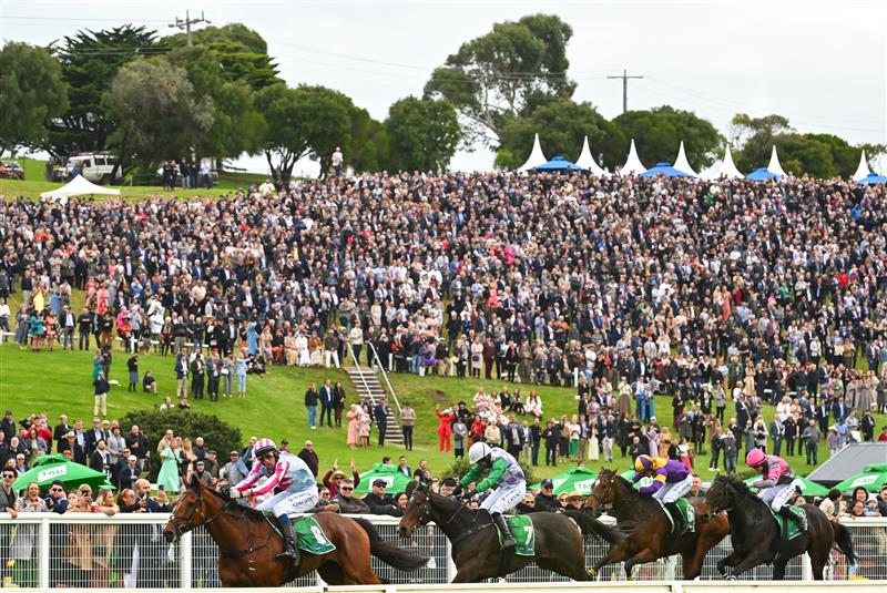 WARRNAMBOOL, AUSTRALIA - MAY 04: Chris McCarthy riding Rockstar Ronnie winning Race 7, the Brandt Grand Annual Steeplechase,  during Grand Annual Day at Warrnambool Racing Club on May 04, 2023 in Warrnambool, Australia. (Photo by Vince Caligiuri/Getty Images)