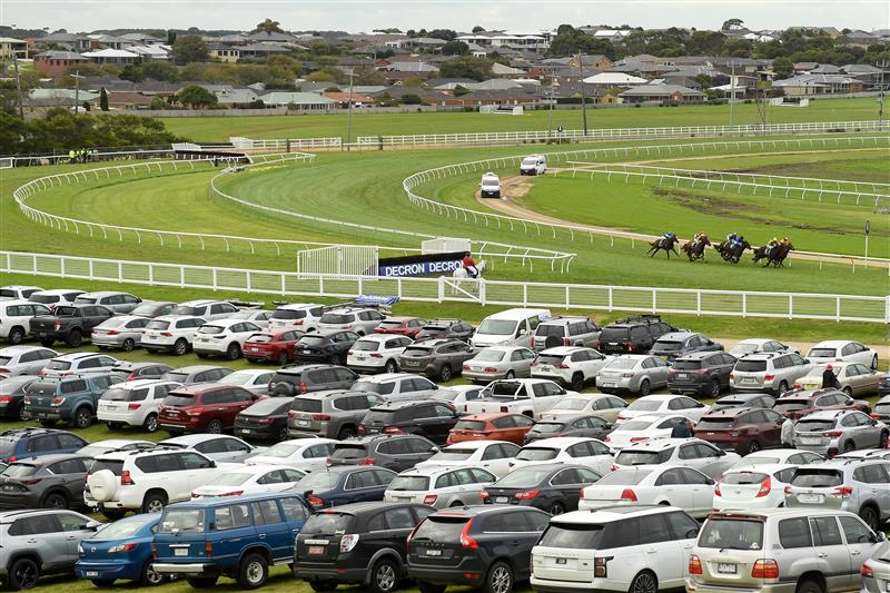 WARRNAMBOOL, AUSTRALIA - MAY 04: A general view of The Standard 3YO BM70 Handicap in front of the car park during Grand Annual Day at Warrnambool Racing Club on May 04, 2023 in Warrnambool, Australia. (Photo by Morgan Hancock/Getty Images)