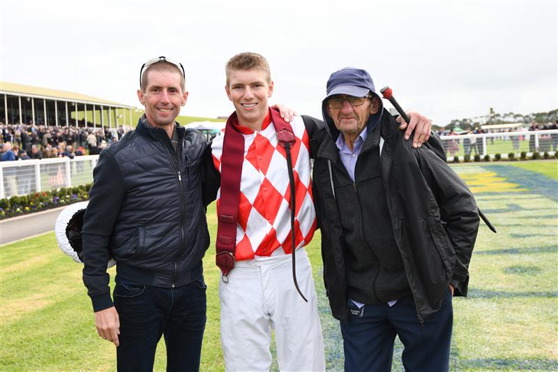 WARRNAMBOOL, AUSTRALIA - MAY 04: Campbell Rawiller poses with father Nash Rawiller and grandfather Keith Rawiller after winning Race 1, the Hammonds Paints Champion Novice Hurdle, during Grand Annual Day at Warrnambool Racing Club on May 04, 2023 in Warrnambool, Australia. (Photo by Vince Caligiuri/Getty Images)