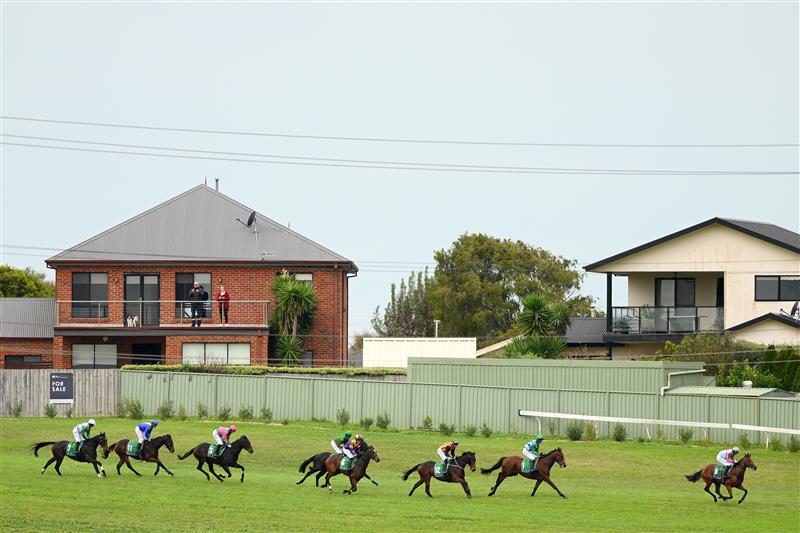 WARRNAMBOOL, AUSTRALIA - MAY 04: Rockstar Ronnie ridden by Chris McCarthy leads a pack through the paddock as it wins the Brandt Grand Annual Steeplechase during Grand Annual Day at Warrnambool Racing Club on May 04, 2023 in Warrnambool, Australia. (Photo by Morgan Hancock/Getty Images)