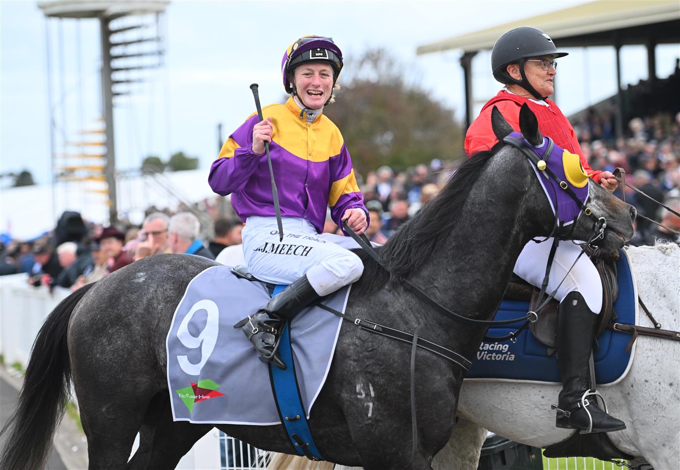 WARRNAMBOOL, AUSTRALIA - MAY 04: Linda Meech riding Pythagoras winning Race 10 , the No Fuss Event Hire Bm64 Handicap, during Grand Annual Day at Warrnambool Racing Club on May 04, 2023 in Warrnambool, Australia. (Photo by Vince Caligiuri/Getty Images)