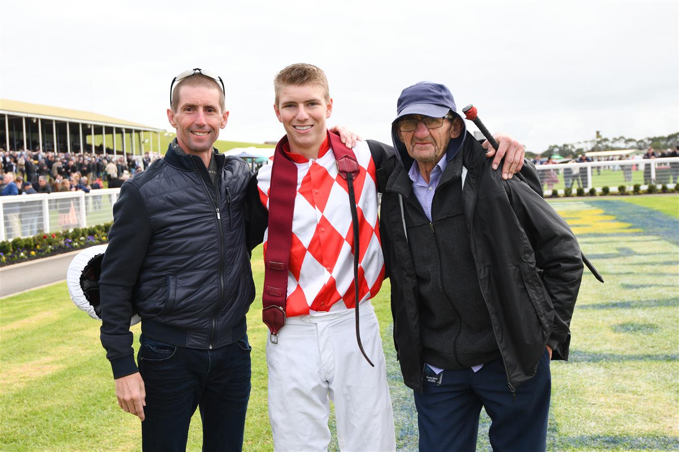 WARRNAMBOOL, AUSTRALIA - MAY 04: Campbell Rawiller poses with father Nash Rawiller and grandfather Keith Rawiller after winning Race 1, the Hammonds Paints Champion Novice Hurdle, during Grand Annual Day at Warrnambool Racing Club on May 04, 2023 in Warrnambool, Australia. (Photo by Vince Caligiuri/Getty Images)