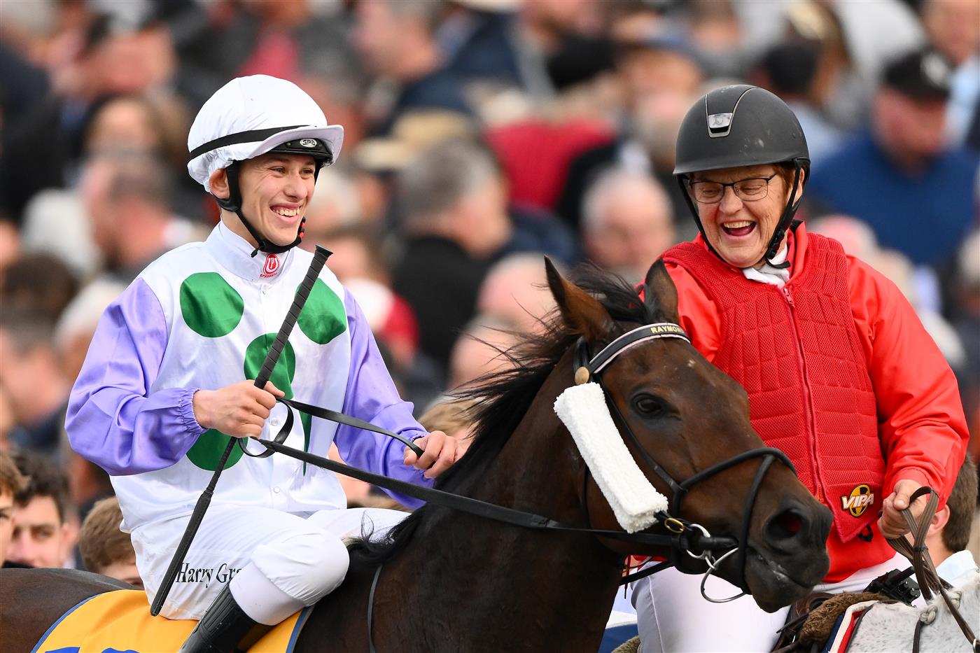 WARRNAMBOOL, AUSTRALIA - MAY 04: Harry Grace celebrates riding Rolls to victory in the Sungold Milk Warrnambool Cup during Grand Annual Day at Warrnambool Racing Club on May 04, 2023 in Warrnambool, Australia. (Photo by Morgan Hancock/Getty Images)