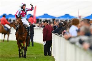 WARRNAMBOOL, AUSTRALIA - MAY 04: Chris McCarthy celebrates riding Rockstar Ronnie to victory in the Brandt Grand Annual Steeplechase during Grand Annual Day at Warrnambool Racing Club on May 04, 2023 in Warrnambool, Australia. (Photo by Morgan Hancock/Getty Images)