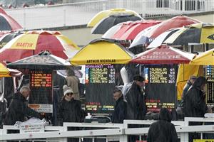 NEWMARKET, ENGLAND - MAY 05: Heavy rain at Newmarket Racecourse on May 05, 2023 in Newmarket, England. (Photo by Alan Crowhurst/Getty Images)