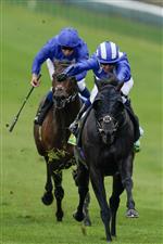 NEWMARKET, ENGLAND - MAY 05: Jim Crowley riding Mutasaabeq (blue/white cap) win The bet365 Mile at Newmarket Racecourse on May 05, 2023 in Newmarket, England. (Photo by Alan Crowhurst/Getty Images)