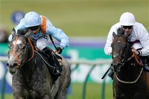 NEWMARKET, ENGLAND - MAY 05: Sean Levey riding Shouldvebeenaring (light blue) win The King Charles II Stakes at Newmarket Racecourse on May 05, 2023 in Newmarket, England. (Photo by Alan Crowhurst/Getty Images)