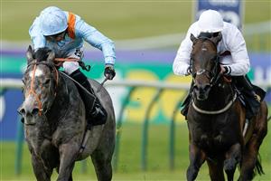 NEWMARKET, ENGLAND - MAY 05: Sean Levey riding Shouldvebeenaring (light blue) win The King Charles II Stakes at Newmarket Racecourse on May 05, 2023 in Newmarket, England. (Photo by Alan Crowhurst/Getty Images)