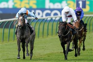 NEWMARKET, ENGLAND - MAY 05: Sean Levey riding Shouldvebeenaring (light blue) win The King Charles II Stakes at Newmarket Racecourse on May 05, 2023 in Newmarket, England. (Photo by Alan Crowhurst/Getty Images)