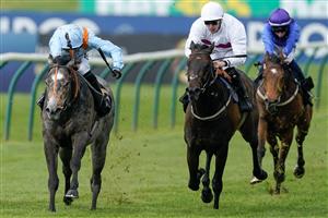 NEWMARKET, ENGLAND - MAY 05: Sean Levey riding Shouldvebeenaring (light blue) win The King Charles II Stakes at Newmarket Racecourse on May 05, 2023 in Newmarket, England. (Photo by Alan Crowhurst/Getty Images)