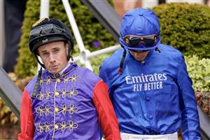 NEWMARKET, ENGLAND - MAY 05: Ryan Moore wearing the silks of King Charles III at Newmarket Racecourse on May 05, 2023 in Newmarket, England. (Photo by Alan Crowhurst/Getty Images)