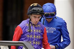 NEWMARKET, ENGLAND - MAY 05: Ryan Moore wearing the silks of King Charles III at Newmarket Racecourse on May 05, 2023 in Newmarket, England. (Photo by Alan Crowhurst/Getty Images)