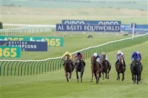NEWMARKET, ENGLAND - MAY 05: William Buick riding Castle Way (blue/white cap) win The Newmarket Stakes at Newmarket Racecourse on May 05, 2023 in Newmarket, England. (Photo by Alan Crowhurst/Getty Images)
