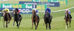 NEWMARKET, ENGLAND - MAY 05: William Buick riding Castle Way (blue/white cap) win The Newmarket Stakes at Newmarket Racecourse on May 05, 2023 in Newmarket, England. (Photo by Alan Crowhurst/Getty Images)