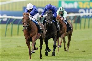 NEWMARKET, ENGLAND - MAY 05: William Buick riding Castle Way (blue/white cap) win The Newmarket Stakes at Newmarket Racecourse on May 05, 2023 in Newmarket, England. (Photo by Alan Crowhurst/Getty Images)