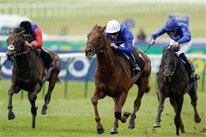 NEWMARKET, ENGLAND - MAY 05: William Buick riding Castle Way (blue/white cap) win The Newmarket Stakes at Newmarket Racecourse on May 05, 2023 in Newmarket, England. (Photo by Alan Crowhurst/Getty Images)