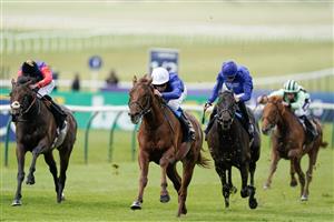 NEWMARKET, ENGLAND - MAY 05: William Buick riding Castle Way (blue/white cap) win The Newmarket Stakes at Newmarket Racecourse on May 05, 2023 in Newmarket, England. (Photo by Alan Crowhurst/Getty Images)