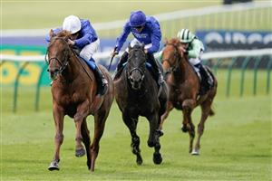 NEWMARKET, ENGLAND - MAY 05: William Buick riding Castle Way (blue/white cap) win The Newmarket Stakes at Newmarket Racecourse on May 05, 2023 in Newmarket, England. (Photo by Alan Crowhurst/Getty Images)
